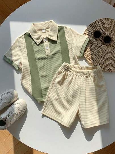 2pcs/Set Young Boy Casual Nature-Inspired Colorblock Polo Shirt & Shorts Set, Vintage Yet Fashionable, Break Monotony, Easily Achieve Kid Look