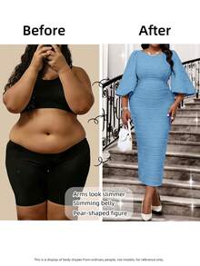 Fleurora Mùa xuân và mùa hè thanh lịch đi làm văn phòng màu hồng dệt kim kết cấu cổ tròn tay áo bút chì chuông tay lửng cỡ lớn váy phụ nữ thanh lịch trang phục sang trọng mùa hè váy mùa hè cho phụ nữ váy mùa hè quần áo mùa hè trang phục mùa xuân cho phụ nữ quần áo phụ nữ cỡ lớn - Màu xanh lam - Xem 3