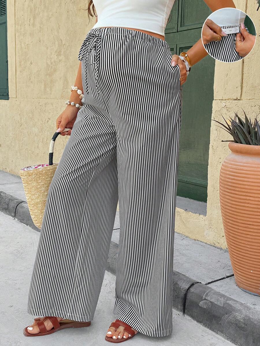 SHEIN 可调节腰围条纹休闲宽松孕妇裤，日常百搭 - 黑色 - 查看 1