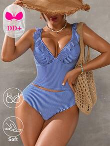 Swim DD+ Women's 26SS Spring/Summer Beach, Women's Striped Print Tankini Set - Blue and White - View 4