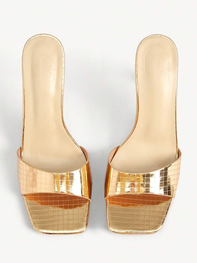 CUCCOO CHICEST Women's High-Heeled Sandals, Elegant French Square Toe Open-Toe Sandals, Gold Plaid Mirror Sandals, Stiletto Mule Trailers, Women's Party Dinner Shoes Summer Shoes