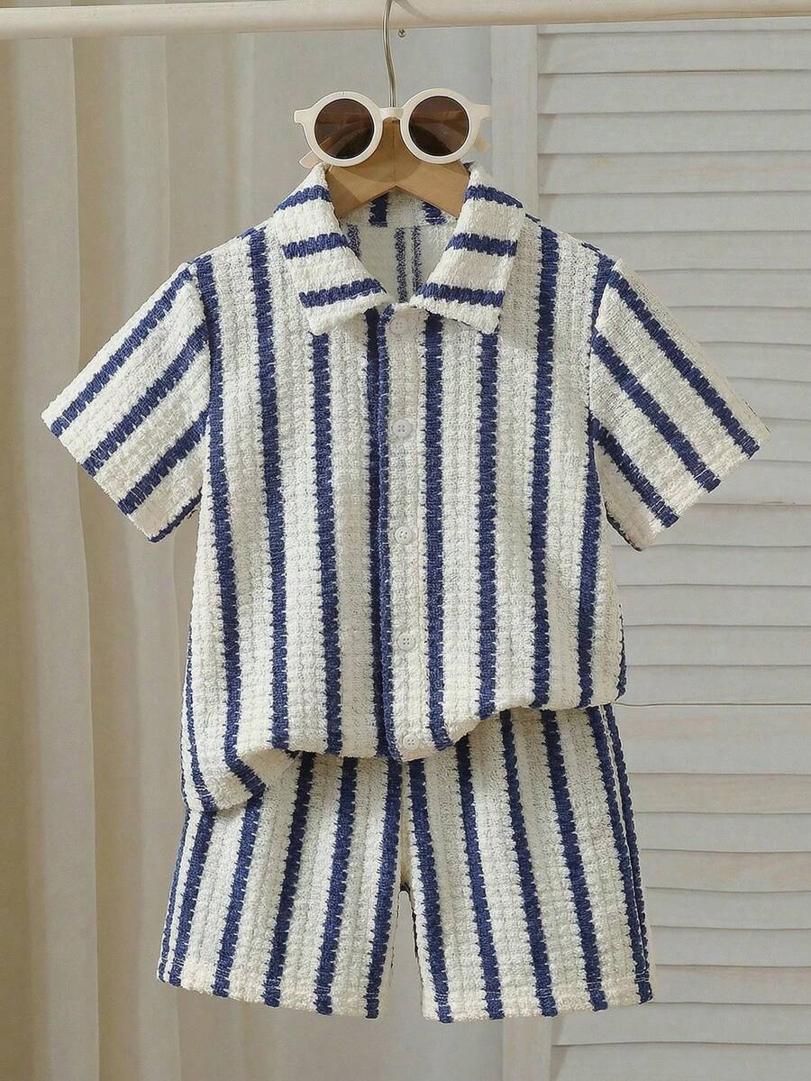 SHEIN 男童条纹针织衫短裤两件套 - 藍白色 - 查看 1