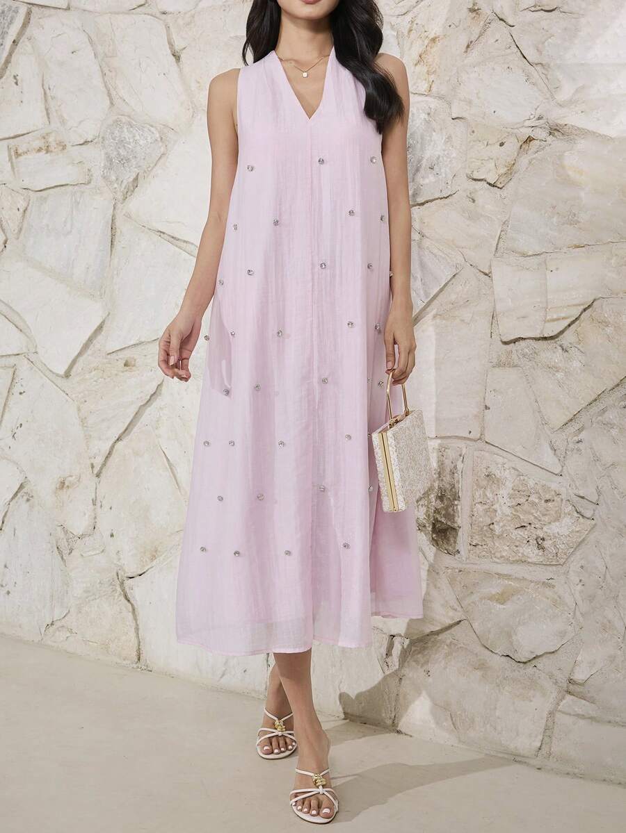 Heiryn 女士优雅无袖中长款水钻装饰连衣裙，夏季