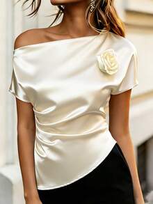 Balvessa Women's 2026 Spring/Summer New Oblique Shoulder Elegant Office Ruched Oblique Shoulder Blouse - Apricot - View 1