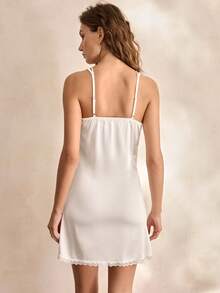 Charlaine 1pc White Lace Trim Bow Tie Slit Sexy Nightgown For Women - White - View 3