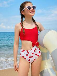Cute Cherry Print One-Piece Swimsuit For Tween Girls - Multicolor - View 1