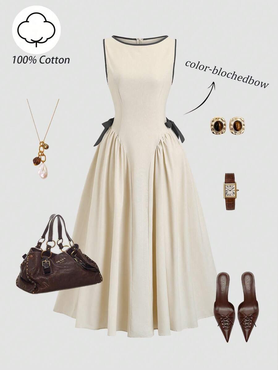 Sweetra Women's Apricot French Style Elegant Bowknot Tie Long Dress, Comfortable & Versatile For Spring/Summer - Apricot - View 1
