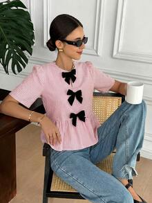 Serisse Women's Summer Casual Striped Bow Decor Ruffle Hem Blouse,Pink TopAsymmetric - Pink - View 4