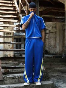 PAVTROS Men's Contrast Color Short Sleeve Shirt And Pants Set Mens Two Piece Set Blue Tracksuit Men Men Clothes Two Piece Mens Clothing Tracksuit Summer Track Suit For Men - Navy Blue - View 4