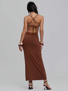 TypaGal Vestido largo ajustado de mujer con tirantes finos y espalda descubierta de unicolor - Marrón - Ver 4