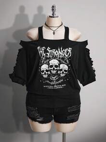 SHEIN ICON Áo thun nữ cỡ lớn in hình đầu lâu và chữ cái, kiểu dáng thường ngày, phong cách giản dị. - màu đen - Xem 3