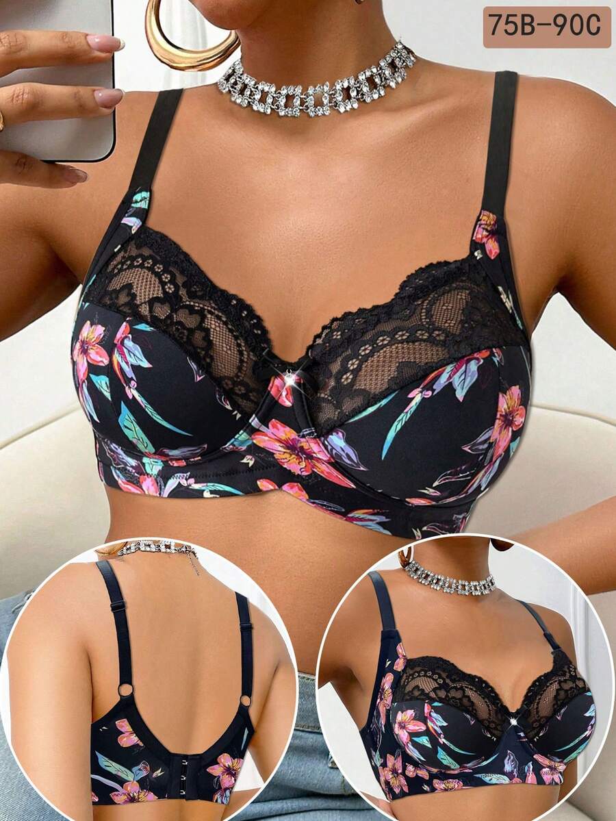 DesireSculpt 1件装女士蕾丝拼接无钢圈文胸 - 彩色 - 查看 1