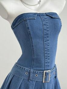 Elamini Đầm denim nữ kiểu corset cài eo, xếp ly ở gấu váy. - Rửa nhẹ - Xem 6