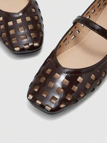 CUCCOO BIZCHIC Spring And Autumn New Products Coffee Brown Flat Bottom Square Toe Fashion Hollow Comfortable Women's Flat Bottom Shoes - Coffee Brown - View 4