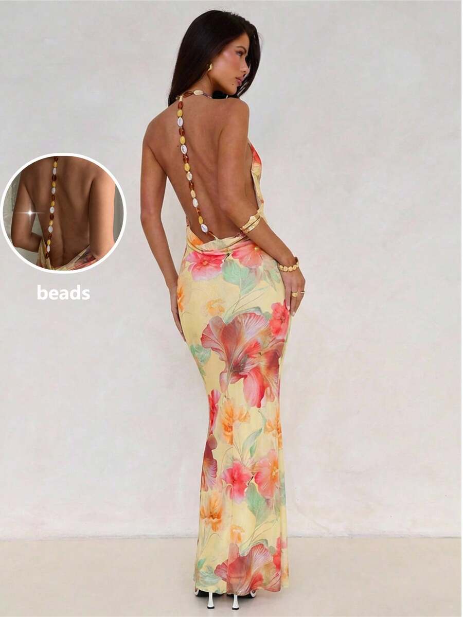 Aloruh 女士优雅性感露背修身印花沙滩度假连衣裙