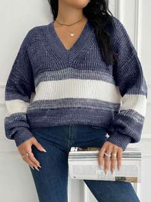 SHEIN Cottnline Plus Size Women V-Neck Colorblock Pullover Sweater, Autumn/Winter - Navy Blue - View 4