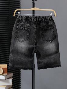 SHEIN Explorewe 男童牛仔短裤，夏季新品，时尚街头风，复古做旧牛仔面料，黑色、白色、灰色可选，休闲度假风，弹性腰带，破洞水洗做旧，修身显瘦，面料柔软舒适，适合日常休闲及度假穿着。 - 黑色 - 查看 2