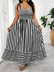 SHEIN Tall CURVE 大码条纹束腰长款系带无袖连衣裙，夏季 - 黑色 - 查看 5