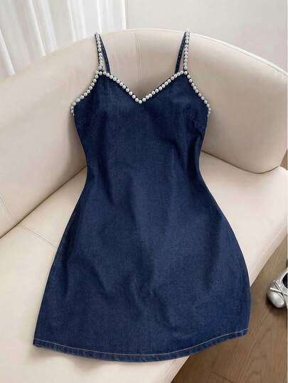 GlowEve Women's Summer Casual Beaded Decor Spaghetti Strap Denim Dress