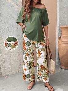 SHEIN 孕妇度假纯色露肩上衣和热带植物图案长裤休闲两件套 - 彩色 - 查看 3