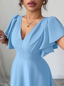 Elenzga Gaun A-Line Lengan Ruffle Leher V Musim Semi/Panas Wanita Ukuran Plus, Kain Tampilan Denim yang Elegan dan Romantis untuk Musim Gugur - Biru - View 4