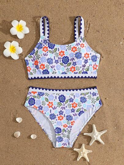 SHEIN Tween Girls Bikini Sets, Fresh Holiday Style, White Base With Multicolor Floral & Leaf Print, Cute Ditsy Floral Pattern, Beaded Strap Decorated Top Paired With Matching Multicolor Ditsy Floral Triangle Bottoms, 2pcs Set, Knit Fabric, Fashionable, Casual, Elegant, Suitable For Swimming, Summer Vacation, Beach, Pool, Party, Holiday Getaway