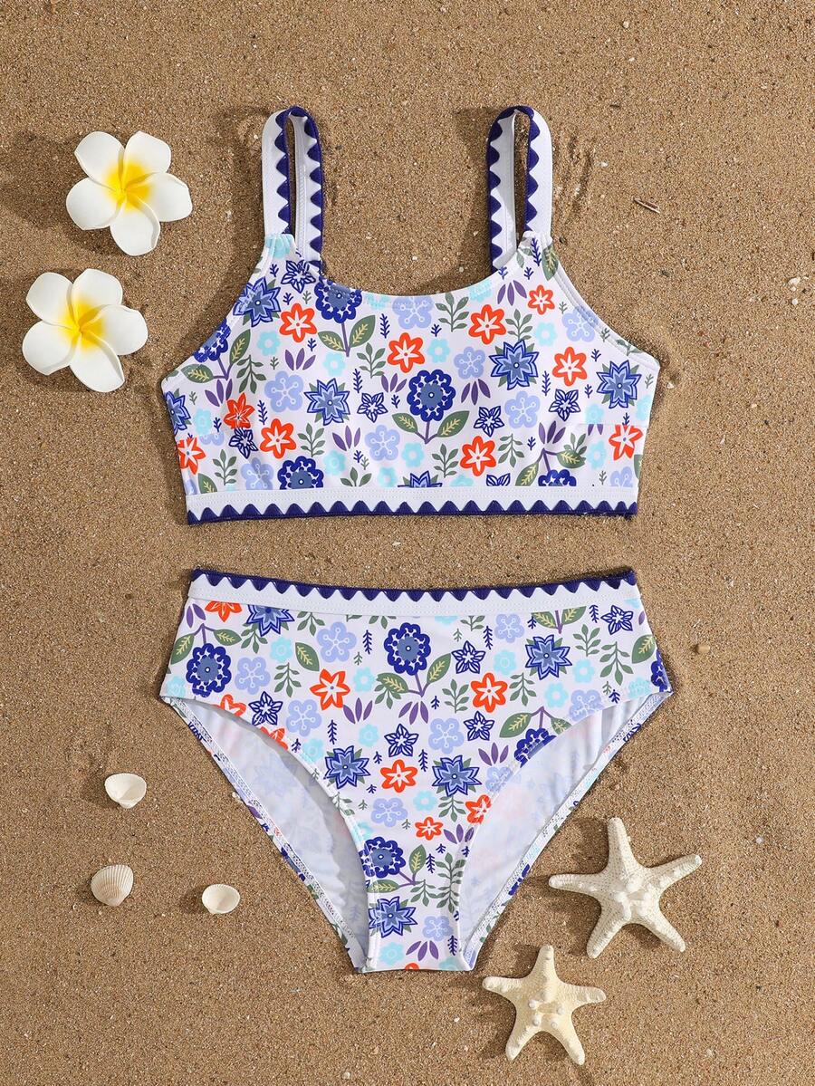 SHEIN Tween Girls Cute Bikini Sets,White Multicolor Floral & Leaf Print 2pcs Swimwear,Summer Vacation Holiday Beach Bathing Suits,Pool Party Bikini Set - Purple - View 1