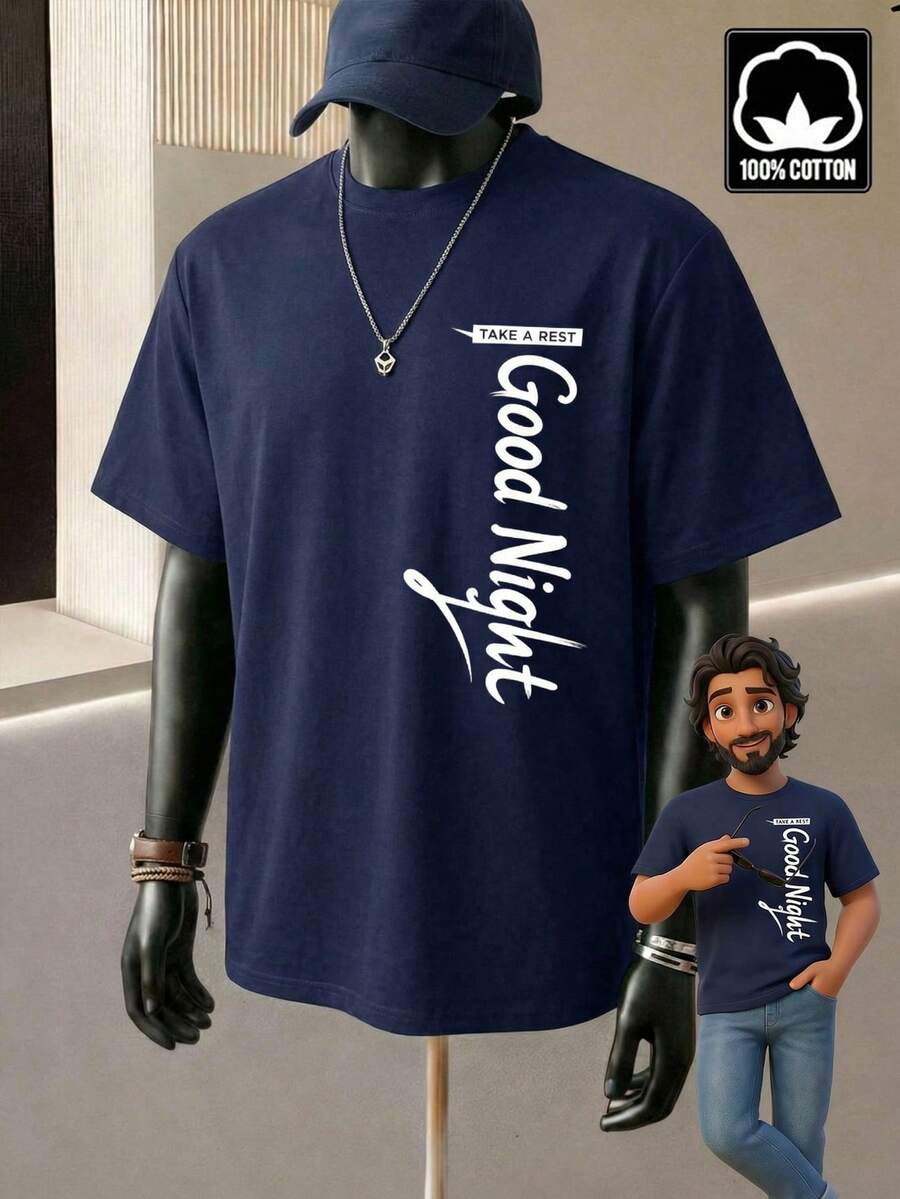 Velminro 100% Cotton Summer Men's Casual Letter Print Round Neck Short Sleeve Loungewear Top, Summer Graphic Tee Men Navy T-Shirt Men Men T-Shirt - Blue - View 1
