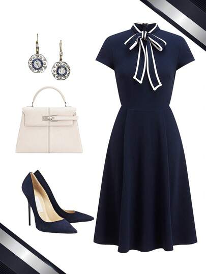 Ellevyn Contrast Color Blue & White Tie-Waist Commuting Elegant Dress, Suitable For Business And Daily Wear