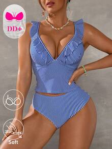 Swim DD+ Women's 26SS Spring/Summer Beach, Women's Striped Print Tankini Set - Blue and White - View 3