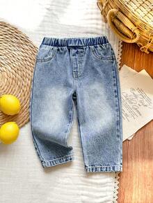 Vintaside Kids 1件装男婴夏季新款牛仔修身裤，松紧腰带，仿口袋设计，休闲街头风长裤 - 藍色 - 查看 3