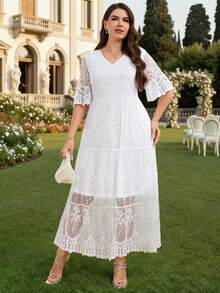 Zaforene Plus Size Women V-Neck Lace Fashion Date Gym Party Dress Brown Summer - White - View 5