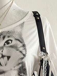 Lalippa 女士猫咪印花露肩短袖休闲T恤 - 黑色 - 查看 3