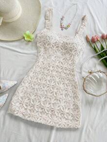 Soleia Vestido mini ajustado con cuello cuadrado sexy, tela texturizada con estampado floral, adecuado para citas, fiestas de jardín, fiestas del té, arreglos florales, estilo bohemio, vacaciones, vintage, primavera/verano - Albaricoque - Ver 3
