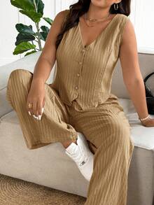 SHEIN Frenchy Plus Size Women Blazer Vest Design Casual Pants Suit - Khaki - View 6