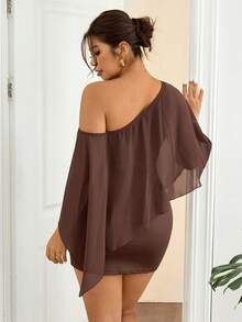 Lounesse Đầm ngắn trễ vai màu trơn thời trang dành cho nữ cỡ lớn - màu nâu - Xem 2