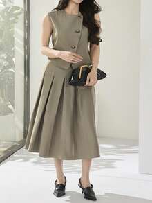 Modelyn Conjunto de 2 piezas para mujer talla grande: Top de tirantes de unicolor y minifalda - Verde militar - Ver 4