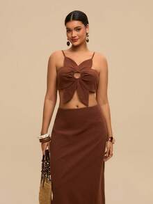 Levarali Plus Size Women's Chocolate Brown 2-Piece Skirt Set,Boho Summer Holiday Beach Outfits,Floral Shaped Camisole Top&Backless Textured Fabric Vacation Set - Brown - View 7