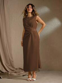 Roveilla Zanzea  Summer Plus Size Chocolate Brown Autumn Elegant Dinner Maxi Dress,Round Neck Waist Gathered Metal Decor Side Slit Sleeveless Office Midi Dress - Brown - View 3