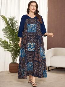 Lacomfia Plus Size Women's Spring/Autumn Floral Print Patchwork Loose 3/4 Sleeve Summer Vacation Modest Navy Blue Long Elegant Formal Dress - Navy Blue - View 5