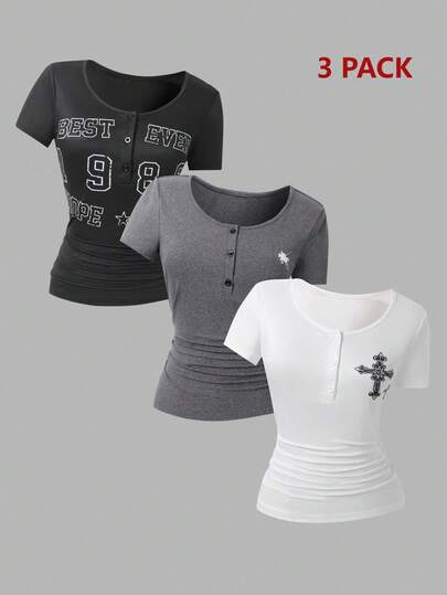 SHEIN Sparklyn Bộ 3 áo thun cổ chữ V tay ngắn dành cho tuổi teen, 14 tuổi, áo Henley in họa tiết retro kiểu Mỹ cho bé gái, màu đen/xám/trắng, áo casual thoải mái dễ phối đồ cho học sinh trung học/phổ thông, thích hợp cho trường học, giải trí và thể thao.