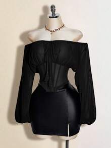 SHEIN ICON 女士棕色露肩长袖西式拼接腰部上衣，秋冬季 - 黑色 - 查看 3