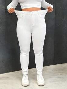 Enliva Plus Size Women High Waist Pockets Skinny Casual Versatile Jeans, For Apple And Rounded Body Shape - White - View 3