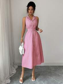 Elenzga 女士优雅休闲通勤条纹连衣裙 - 紅色 - 查看 5