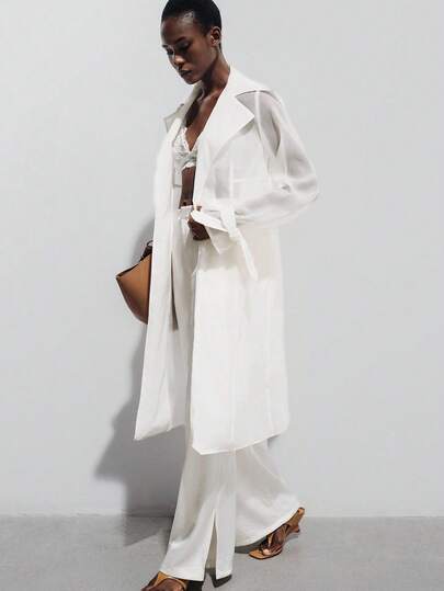 Aveloria Modichic Ivory White, Oversized Lapel, Long Silhouette, Sheer Chiffon Lightweight Fabric, Tie Cuff Design, Straight Cut, Soft And Smooth Fabric, Modern Minimalist Style, Suitable For Commuting, Shopping, Business Meetings, High-End Dates, Art Exhibitions, Showcasing Capable, Elegant And Intellectual Elegant. Sheer Blazer Collar Long Sleeve Windbreaker Jacket