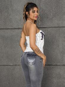 Rayane Ketlyn 女款街头风格竖条纹字母印花抹胸上衣 - 白色 - 查看 5