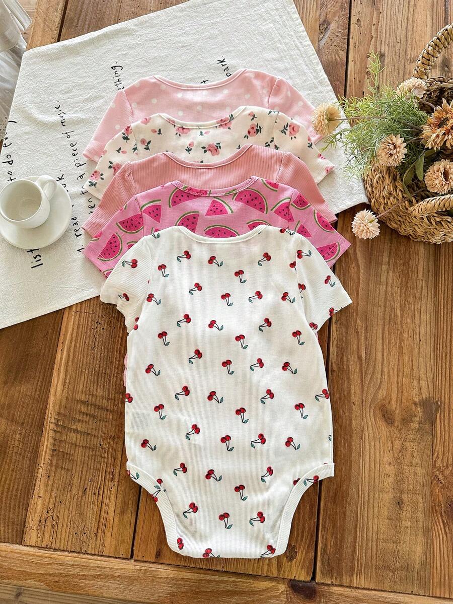 SHEIN LMoss Kids [Random 10pack,Send 5 Pack]Pink,Summer,Cute,Family Matching Baby Girl Romper Shorts,Floral Pattern Soft Stretch Knit Clothing,Comfortable For Vacation - Multicolor - View 1