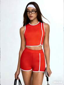 Eassivo Eassivo Bộ đồ thể thao nữ gồm áo croptop và quần short, trang phục tập yoga. - Đỏ - Xem 4