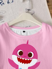 BABY SHARK X SHEIN Áo thun ngắn tay cổ tròn in chữ hoạt hình cho bé gái, kiểu dáng thường ngày, đa năng. - trắng - Xem 5