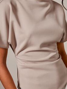 COSMINA Camiseta de mujer de cuello redondo con pliegues elegante, adecuada para todas las estaciones - Caqui - Ver 5